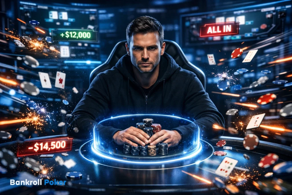 Bankroll Poker player going all in with chips and cards flying, illustrating bankroll management and high stakes strategy