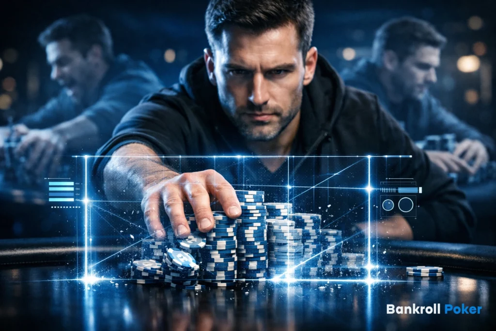 Bankroll Poker player stacking chips with digital analytics overlay, representing strategic bankroll management in poker