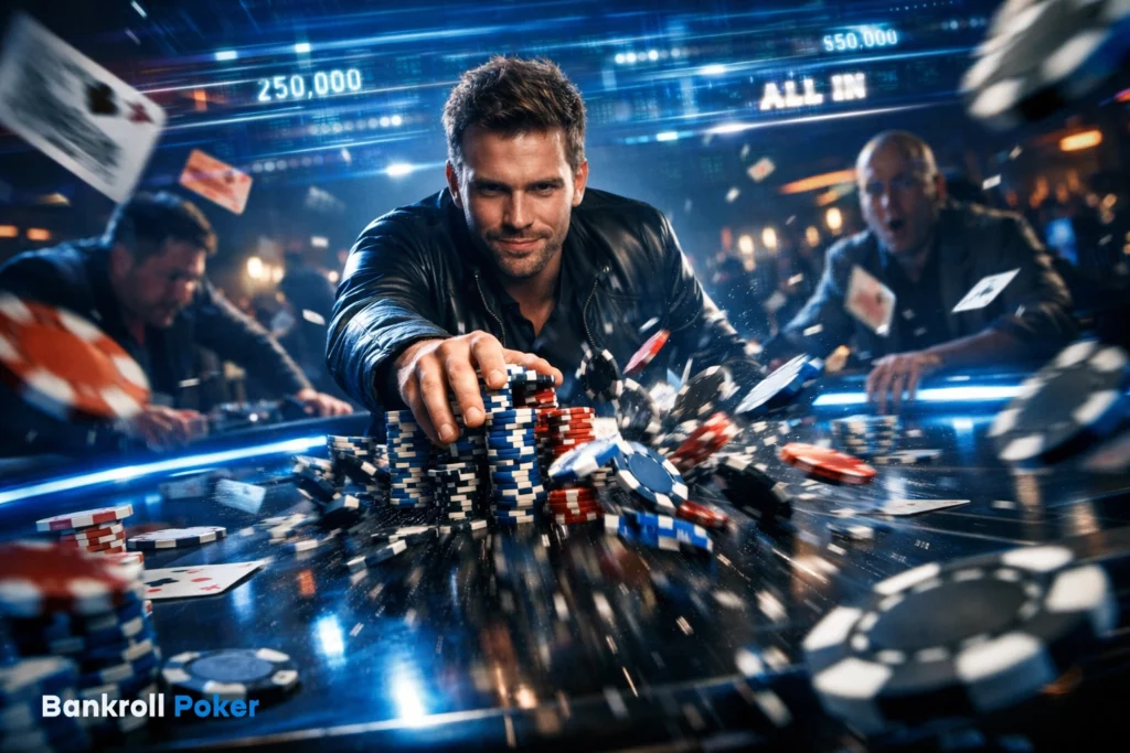 Bankroll Poker high stakes all in moment with chips exploding on table, intense poker action and winning potential